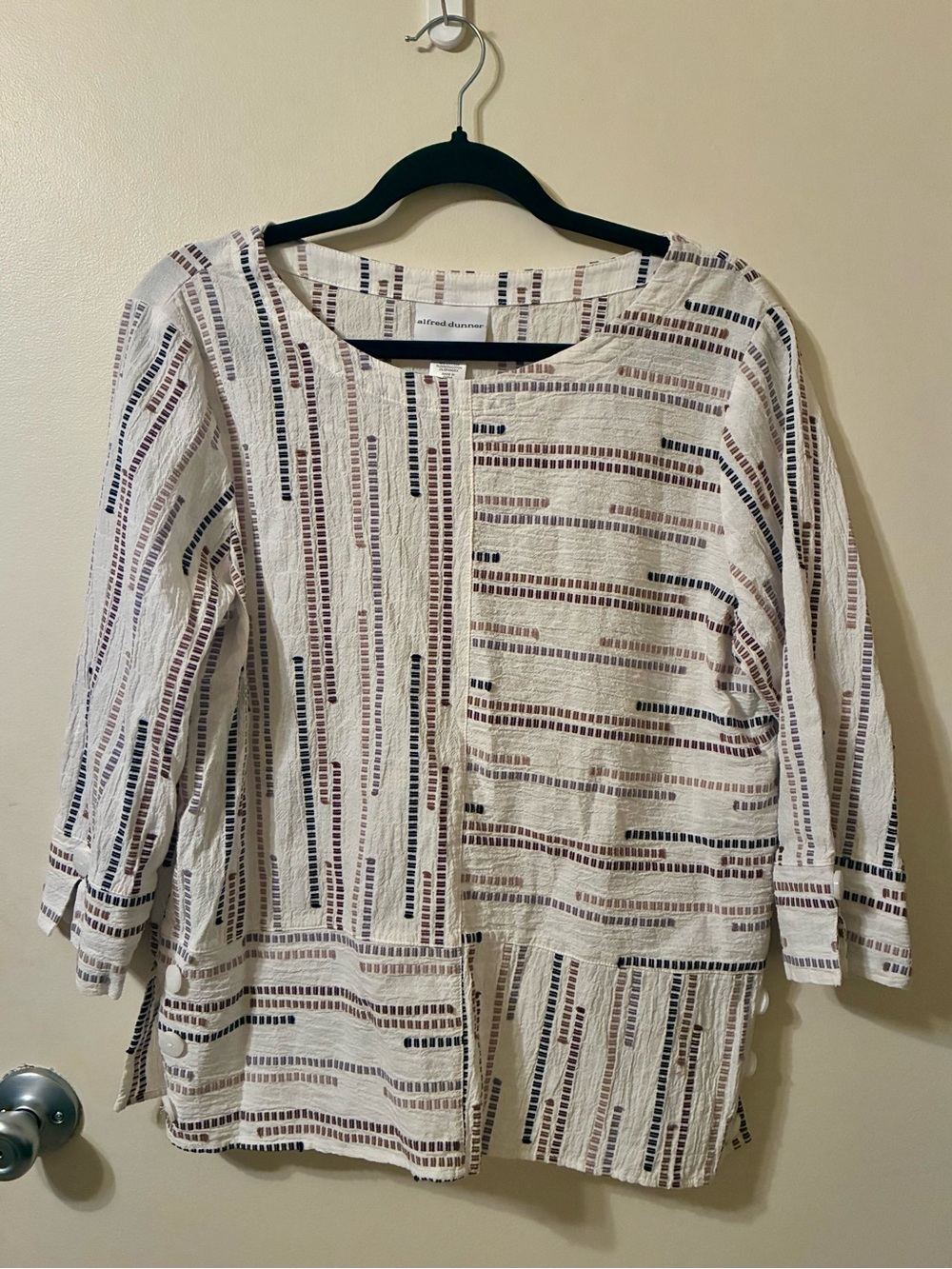 Alfred Dunner Spliced Stripe Textured Popover Blouse Oversized Cream Ivory S